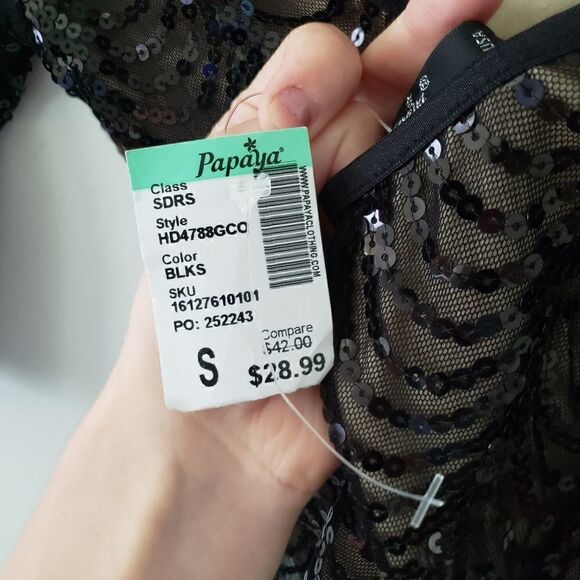 FINAL SALE Papaya Black Sequin Mini Dress Nude Lining S Art Deco - Picture 7 of 8